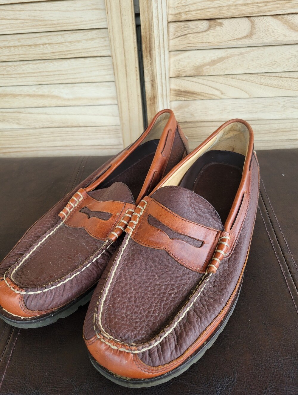 LL Bean Brown Pebble Grain Beef Roll Penny Loafers Lug Sole 11 D